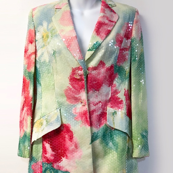 Escada Sequin Floral Green Jacket Blazer - Picture 2 of 7